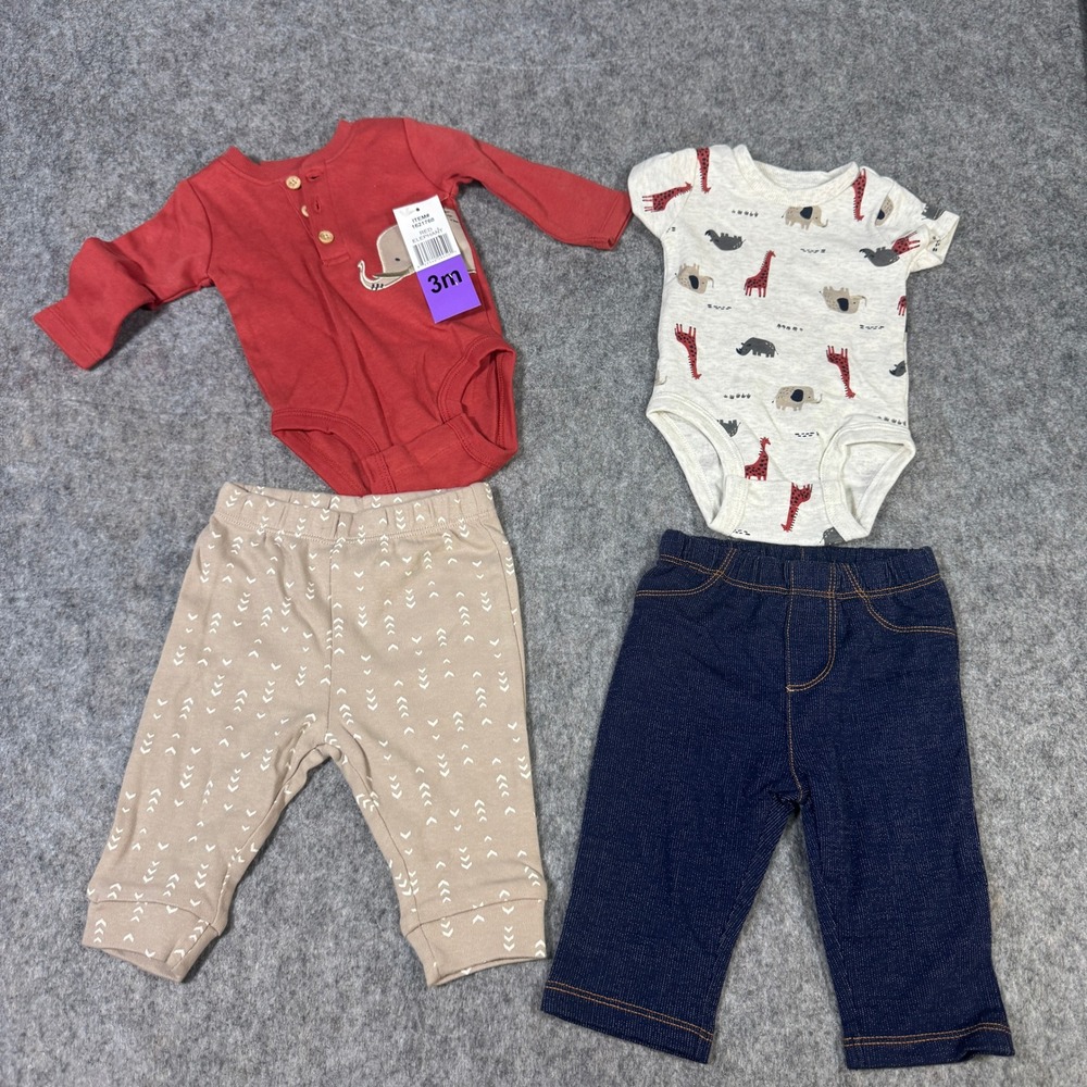Pekkle Baby 4 Piece Outfit Set 3M Red Elephant Henley Animal Print Bodysuit Pant